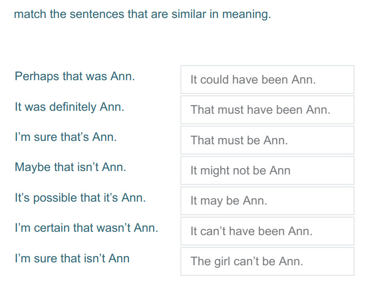 match the sentences that are similar in meaning.
Perhaps that was Ann.
It was definitely Ann.
I"m sure that"s Ann.
Maybe that isn"t Ann.
It"s pos ...