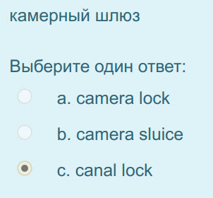 камерный шлюз
Выберите один ответ:
a. camera lock
b. camera sluice
с. canal lock ...