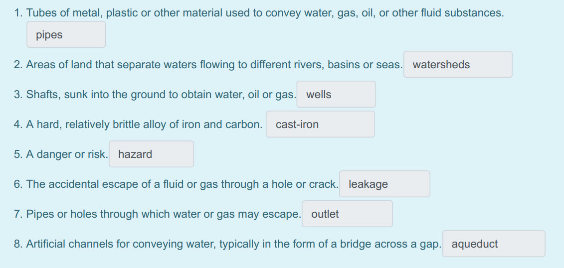 1. Tubes of metal, plastic or other material used to convey water, gas, ой, or other fluid substances.
pipes
2. Areas of land that separate waters f ...