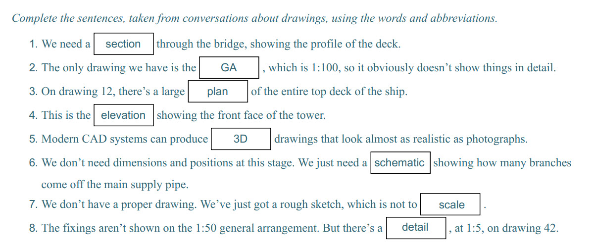 Complete the sentences, taken from conversations about drawings, using the words and abbreviations.
4
2.
. We don"t have a proper drawing. We"ve ju ...