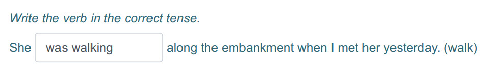 Write the verb т the correct tense.
Зпе was walking along the embankment when I met her yesterday. (walk) ...