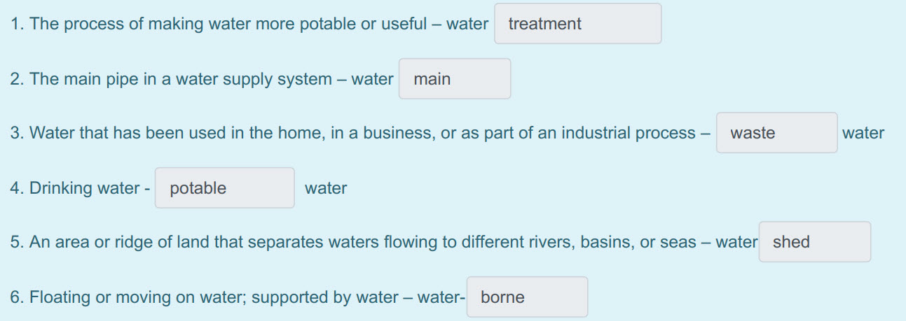 1. The process of making water more potable or useful— water treatment
2. The main pipe in a water supply system — water main
3. Water that has been ...