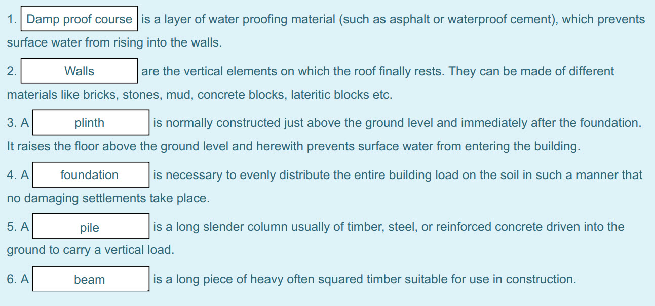 1. I Damp proof course I 1$ a layer of water proofing material (such as asphalt or waterproof cement), which prevents
surface water from rising into  ...