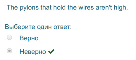 The pylons that hold the wires aren"t high.
Выберите один ответ:
Верно
Неверно  ...