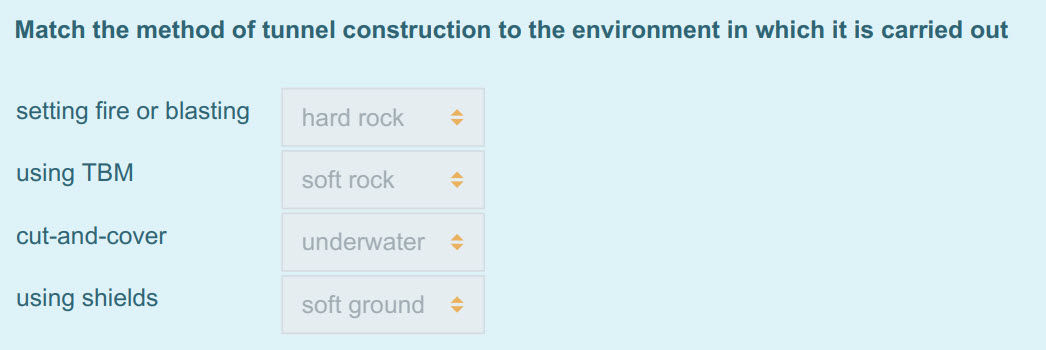 Match the method of tunnel construction to the environment in which it is carried out
setting fire or blasting hard rock =
using TBM soft rock =
cu ...